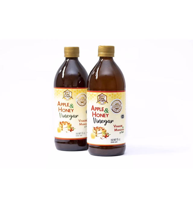 Apiarios La Tia Trini Organic Apple Cider Vinegar Made From the Unpasteurized Mother of Vinegar and All Natural Bee Honey, 2 Pack of 16.9 oz ea (Total 33.8 fl oz - 1 Lt).