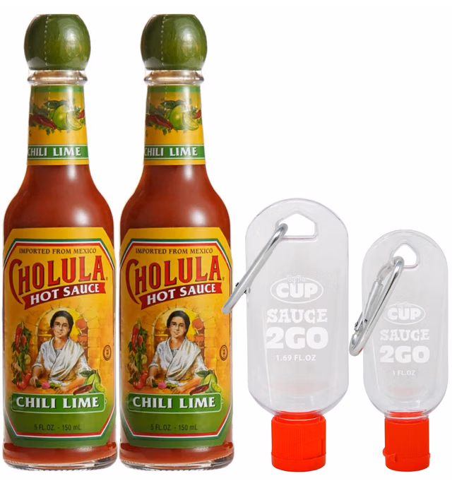 Cholula Chili Lime Hot Sauce 5 Oz (Pack of 2) with 2 By The Cup Sauce 2 Go Keychains
