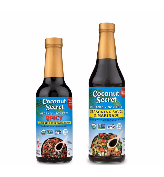 Coconut Secret Coconut Aminos 2 Pack (Organic 16.9 Fl. Oz. & Spicy 10 Fl. Oz.), Low Sodium Soy Sauce Alternative