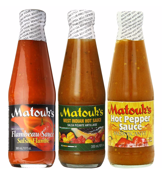 Matouk's Flambeau West Indian and Hot Pepper Sauce 10 Ounce Variety Pack of 3