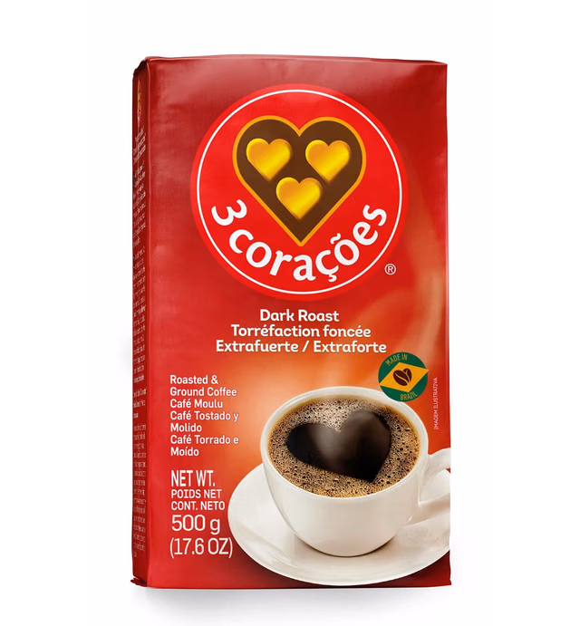 3 Coracoes Extra Forte Brazilian Ground Coffee - 17.6 ounce - Vacuum Sealed Pack of 1 - Fine Ground Coffee Dark Roast - Naturally Processed for Unique Flavor, Aroma, and Full Body Texture