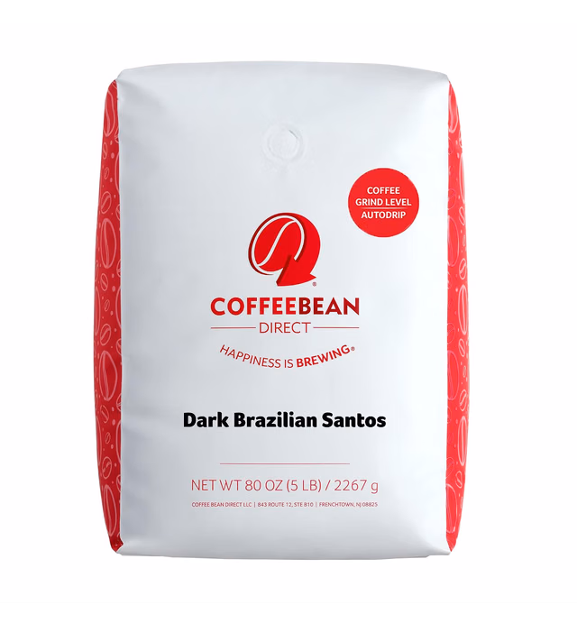 Coffee Bean Direct Dark Brazilian Santos, Dark Roast, Ground Coffee, 5-Pound Bag