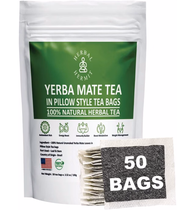 Yerba Mate Tea with (50 tea bags) Natural Organic Yerba Matte| Rich in Chlorophyll, Antioxidants and Vitamins| Made in USA