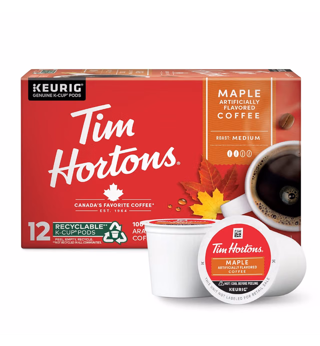 Tim Hortons Maple Flavored Coffee, Single-Serve K-Cup Pods Compatible with Keurig Brewers, 12ct K-Cups, Red