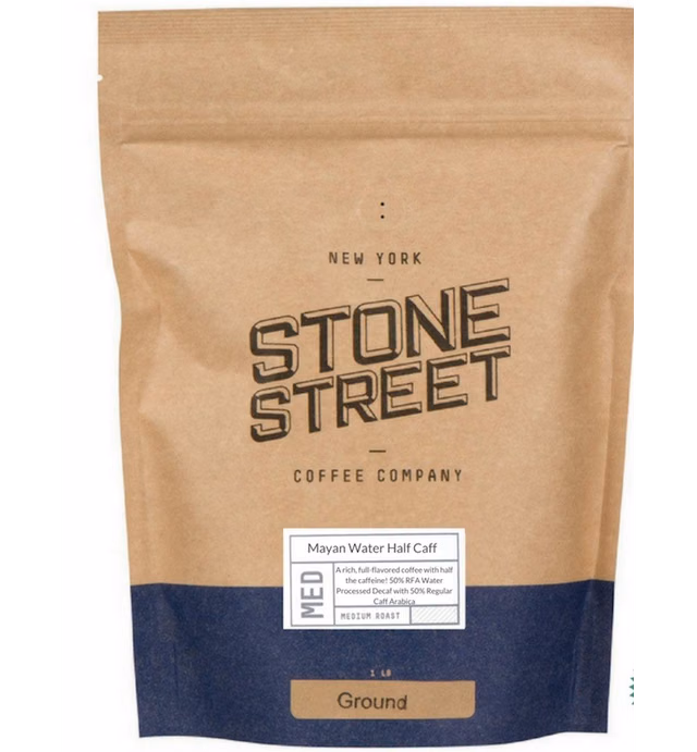 Stone Street HALF CAFF Ground Coffee, 50% Swiss Water Process Decaf Coffee and 50% Regular Caffeine Blend, Medium Roast, 1 LB