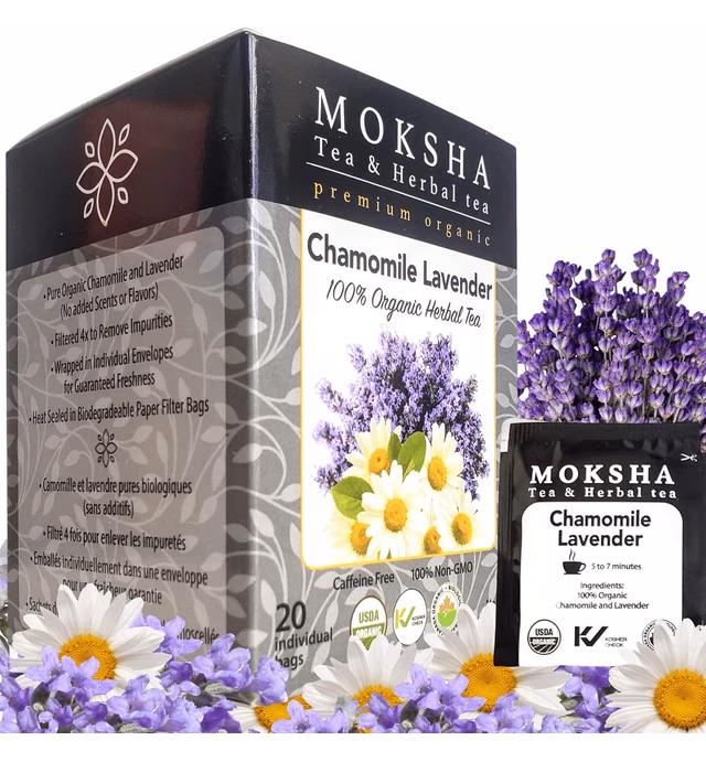 Organic Chamomile Tea with Lavender made with Pure Egyptian Chamomile & Lavender- 20 Organic Tea Bags Moksha Ayurveda