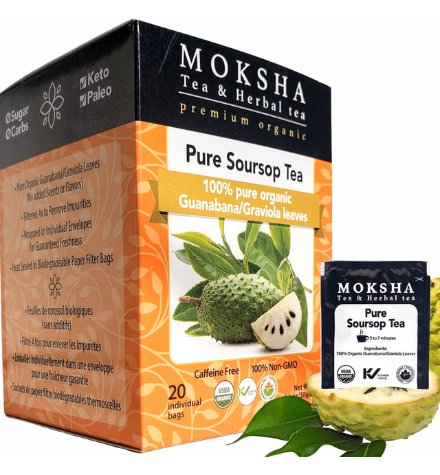 Pure Soursop Tea made with Pure Graviola Leaf- Guanabana Leaves- 20 Organic Tea Bags Moksha Ayurveda