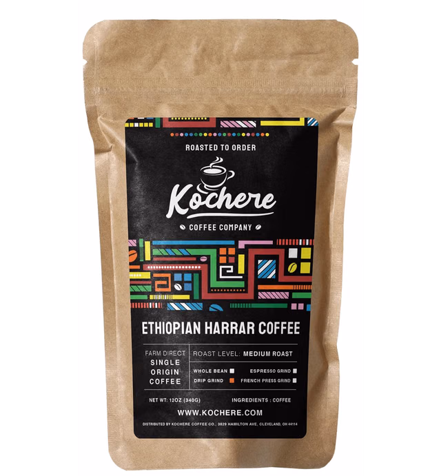 Single Origin Ethiopian Ground Coffee, Organic Specialty Coffee - Fair Trade, Medium Roast, 100% Arabica Coffee Beans - Roasted to Order (Ethiopian Harrar, Drip/Medium Grind)