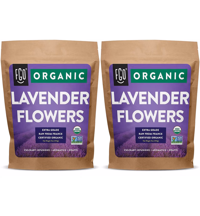 Organic Lavender Flowers Dried | Perfect for Tea, Baking, Lemonade, DIY Beauty, Sachets & Fresh Fragrance | 100% Raw From France | 2x Jumbo 16oz Resealable Kraft Bags | by FGO