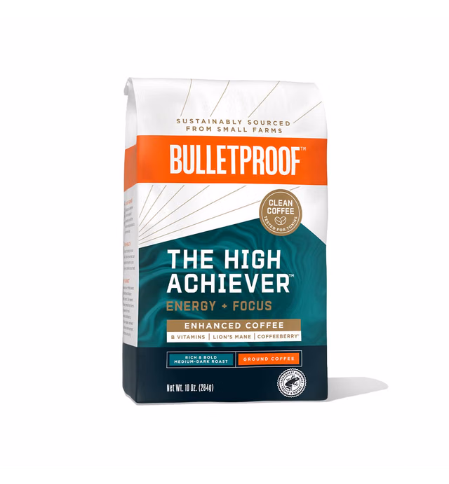 Bulletproof The High Achiever Ground Coffee, 10 Ounces, Medium-Dark Roast Enhanced Coffee