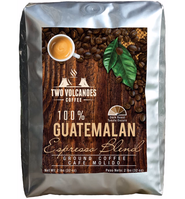 Two Volcanoes Ground Coffee - Dark Roast Espresso Blend - 2 lb bag - Guatemala Delicious Gourmet Coffee. Great for French Press. Get The Kick, Enjoy The Smoothness!