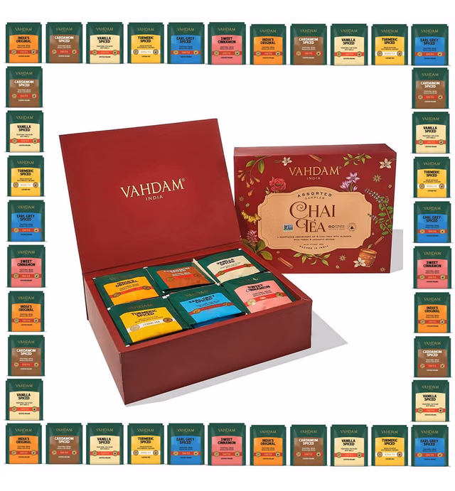 VAHDAM, Chai Tea Variety Sampler Pack - 60 Count | Fathers Day Gift from Daughter & Son - 6 Flavors, 10 Chai Tea Bags Each | Premium Assorted Chai Tea Gift Set | Tea Variety Sampler | Dad Gifts