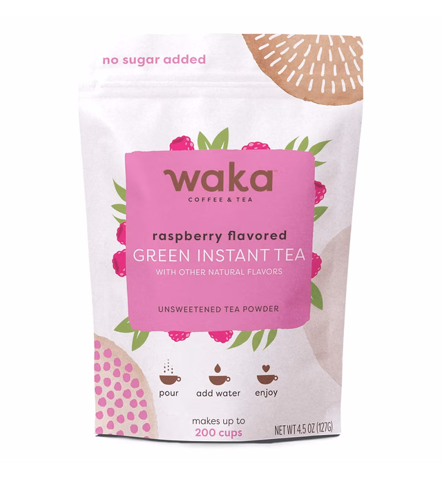 Waka Quality Instant Tea — No Sugar Added & Unsweetened Raspberry Flavored Green Tea Powder — 100% Tea Leaves — 4.5 oz Bulk Bag