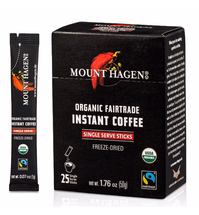 Mount Hagen 25 Count Single Serve Instant Coffee Packets | Eco-friendly Instant Coffee Pouches Made From Organic Medium Roast Arabica Beans | Organic, Fair-Trade Instant Coffee Bags [25 x 1.76oz/50g]