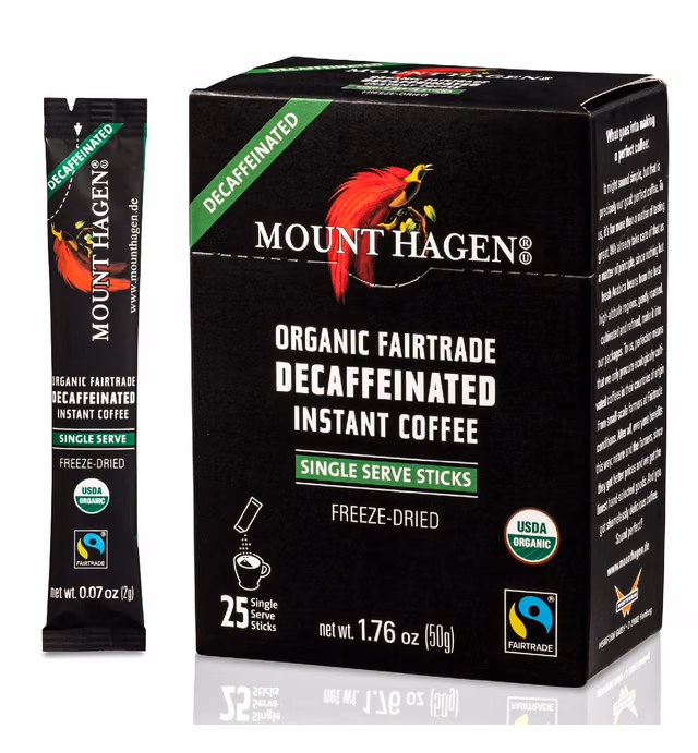 Mount Hagen 25 Count Single Serve Instant Decaf Coffee Packets | Eco-friendly Decaf Instant Coffee Pouches, Medium Roast Arabica Beans | Organic, Fair-Trade Decaffeinated Coffee [25 x 1.76oz/50g]