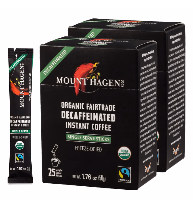 Mount Hagen Organic Decaffeinated Instant Coffee Single Serve 25 Sticks (Pack of 2)