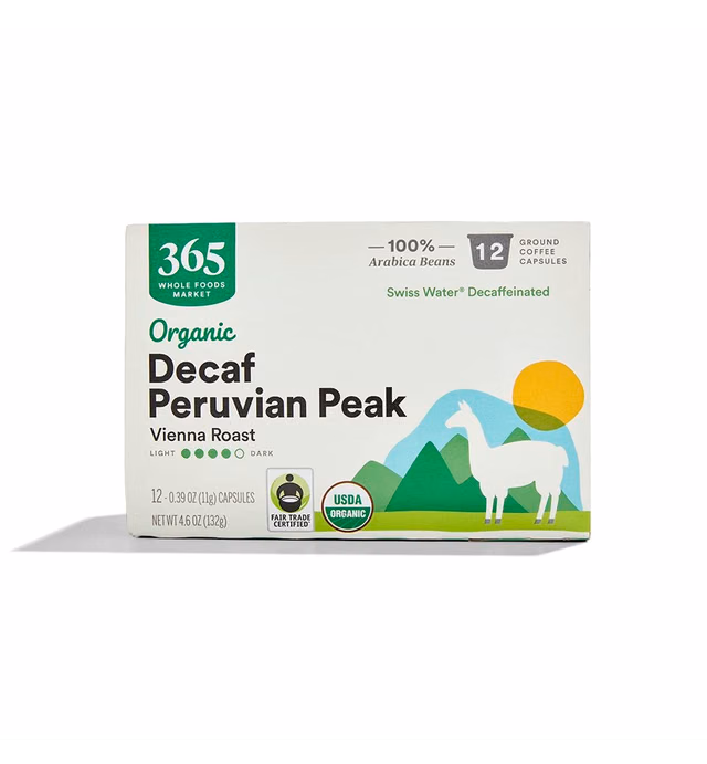 365 by Whole Foods Market, Coffee Decaf Peruvn Peak Vna Roast Pods Organic 12 Count, 4.6 Ounce