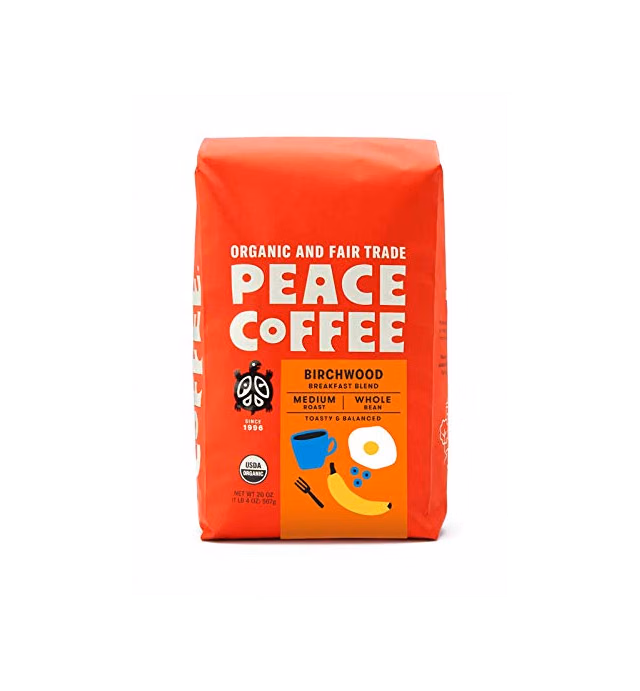 Peace Coffee Birchwood Breakfast Blend, Medium Roast (Sumatra & Peru Origins) Organic Fair Trade Coffee, Whole Bean 20 oz. Bag