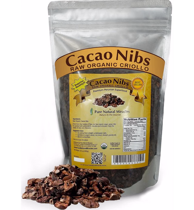 Pure Natural Miracles Cacao Nibs Unsweetened | Raw, Sugar Free, Organic Dark Chocolate Chips | Cocoa Beans for Brewing (32 oz / 2 Pound)