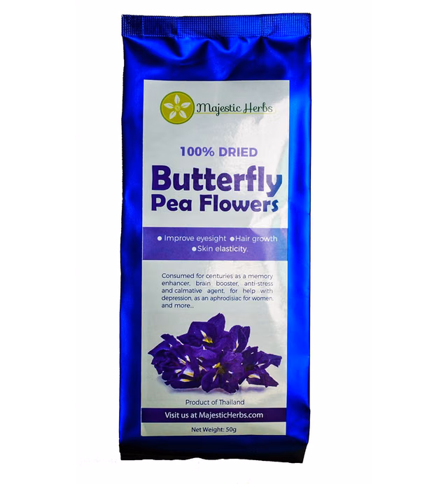 Butterfly Pea Flowers (Clitoria ternatea) Blue Tea by Majestic Herbs | Organically Grown | Carefully Selected Dried Flowers | Fair Trade | 50g