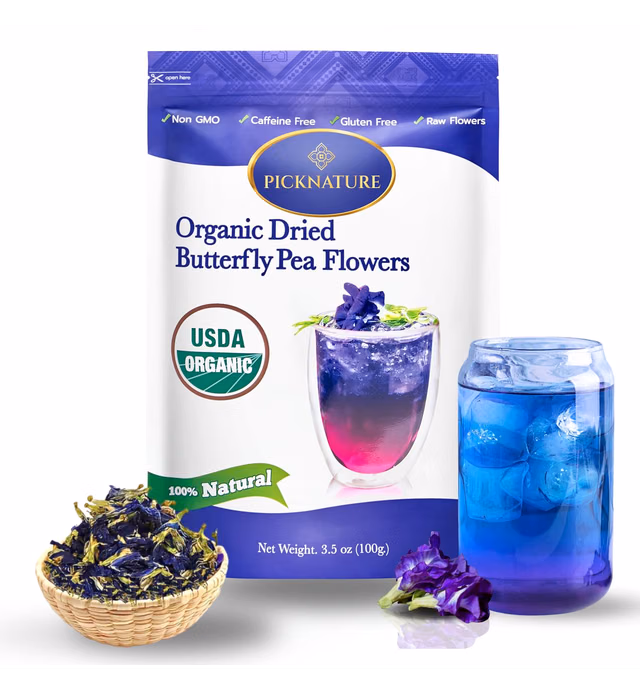 USDA Organic Butterfly Pea Flower Tea Loose Leaf | 3.5 oz (300+ Cups) | Herbal Blue Tea Gifts | Freshly Picked from Thailand | by PICKNATURE