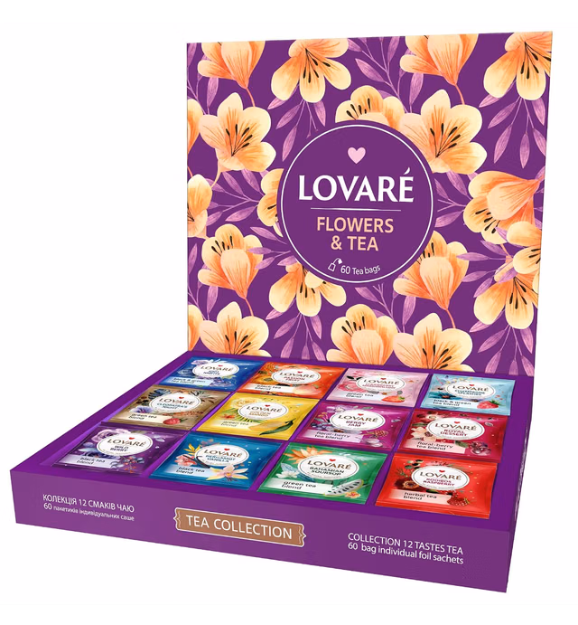 Tea Set By Lovare Made in Ukraine - Black and Green, Fruit, Peach Assorted Tea Samplers - Fancy Variety of Tea Packets - Gift Box For Flavored Tea Lovers Men & Women - 60 bags - 12 tastes