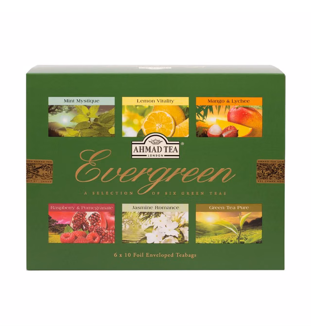Ahmad Tea Green Tea, Evergreen Selection Pack Teabags, 60 Foil Teabags - Caffeinated and Sugar-Free