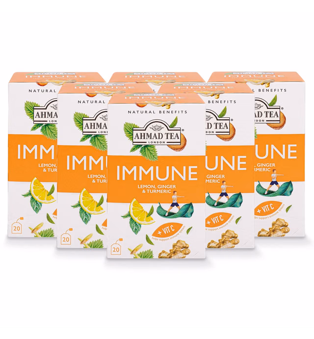 Ahmad Tea Herbal Tea, Lemon, Ginger, Turmeric, & Vitamin C 'Immune' Natural Benefits Teabags, 20 ct (Pack of 6) - Decaffeinated & Sugar-Free