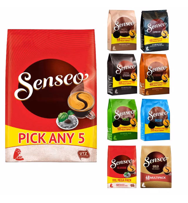 Douwe Egberts Senseo Coffee Pods. Pick Any 5 packs (48 Coffee Pods Each Pack) from 8 Blend Inc: Classic, Espresso, Strong, Extra Strong, Mild, Gold(100% Arabica), Mocca, Decaf Total 240 Pods Mega Pack