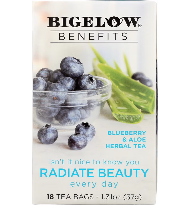 Bigelow Benefits Radiate Beauty Blueberry and Aloe Herbal Tea, Caffeine Free, 18 Count (Pack of 6), 108 Total Tea Bags