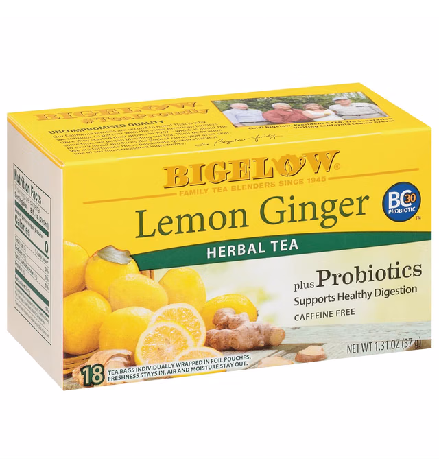 Bigelow Tea Lemon Ginger plus Probiotics Herbal Tea, Caffeine Free, 18 Count (Pack of 6), 108 Total Tea Bags