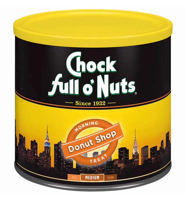 Chock Full o’Nuts Donut Shop Roast Ground Coffee, Light Roast - Coffee Beans - Mildly Roasted, Smooth-Flavored Breakfast Blend (23 Oz. Can)