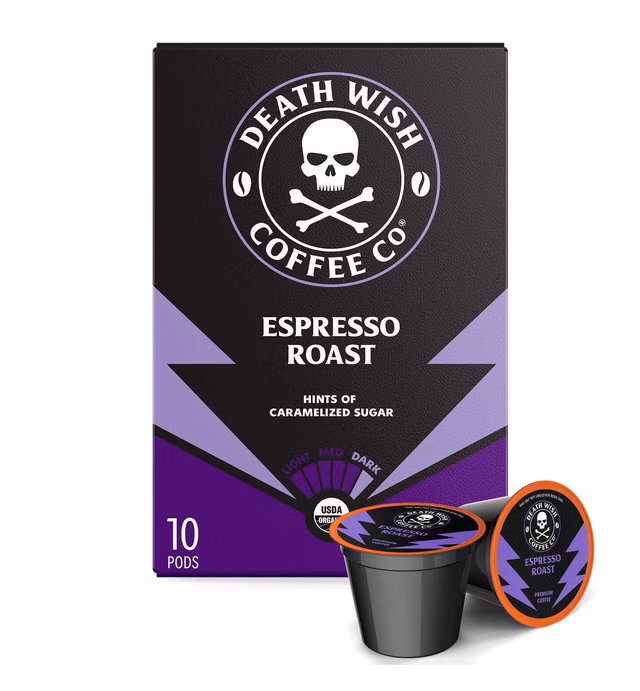 DEATH WISH COFFEE Espresso Roast Single Serve Coffee Pods - Extra Kick of Caffeine - Fair Trade and Organic Coffee (10 Count)