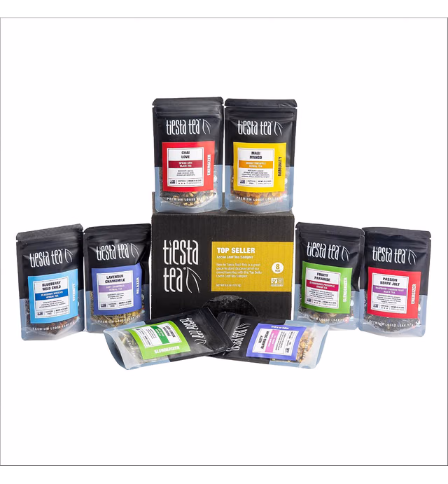Tiesta Tea Top 8 Favorites Loose Tea Sampler, 8 Blends 6-10 Cups Each, Hot & Iced Tea, High to No Caffeine, Loose Leaf Tea Variety Pack with Green, Herbal, Fruit, Black & Chai Tea, 8 Sample Pouches (May Vary)