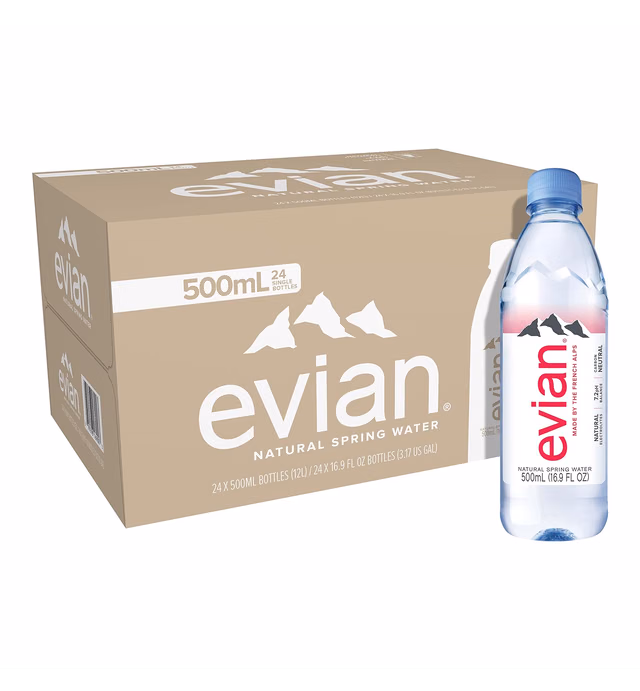 evian Natural Spring Water , Naturally Filtered Spring Water in Individual-Sized Plastic Bottles 16.9 Fl Oz (Pack of 24)