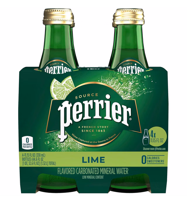 Perrier Sparkling Water Lime Flavored, 11.15 FL OZ Glass Bottles (4 Count)