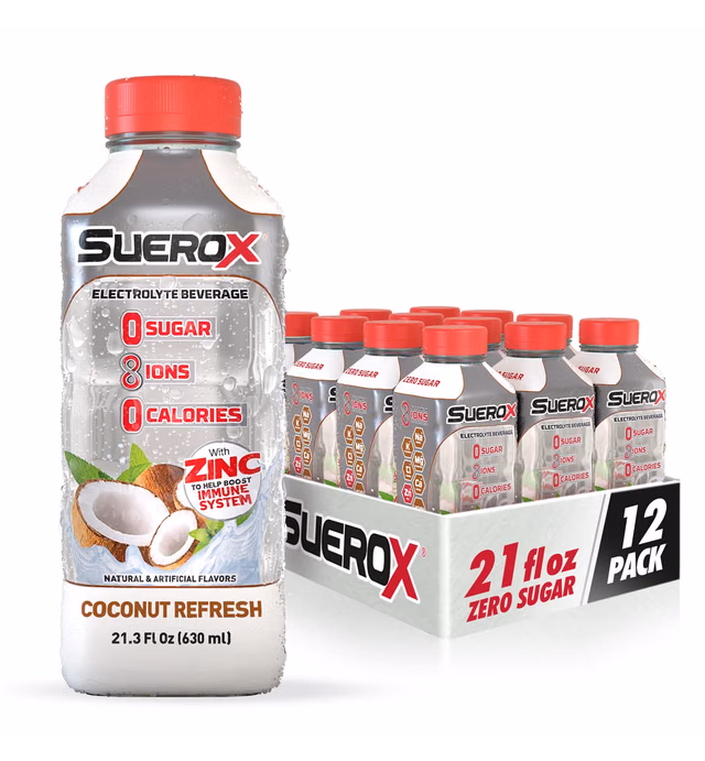 SueroX Zero Sugar Electrolyte Drink for Hydration and Recovery, Unique Blend of Electrolytes & 8 Ions, Zero Calorie Sports Drink, 21.3 Fl Oz, Coconut Refresh, 12 Count