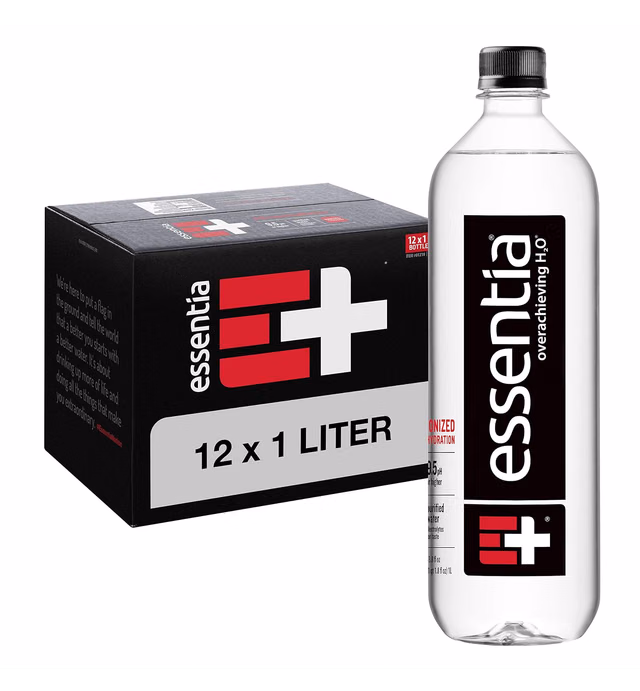 Essentia Bottled Water, 1 Liter, 12-Pack, Ionized Alkaline Water:99.9% Pure, Infused With Electrolytes, 9.5 pH Or Higher With A Clean, Smooth Taste