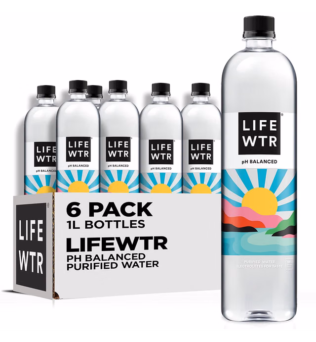LIFEWTR Premium Purified Water, pH Balanced with Electrolytes, 100% recycled plastic bottles, 33.8 Fl Oz, 1L (Pack of 6)