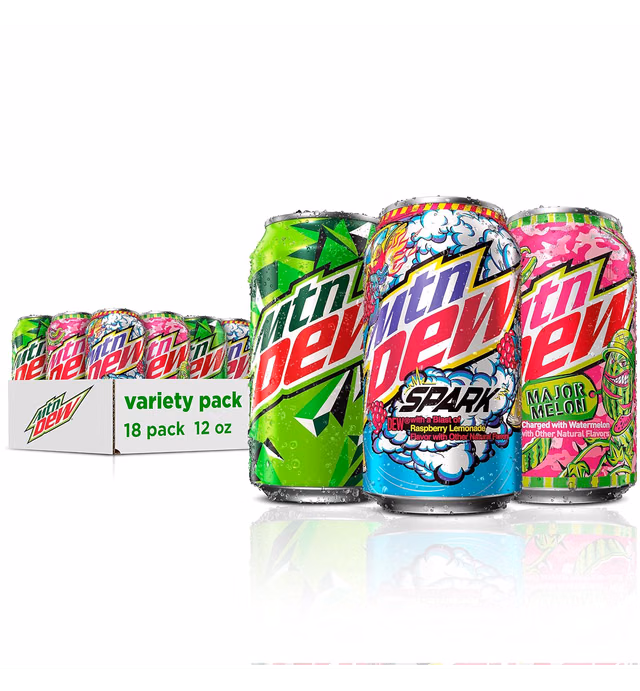 Mountain Dew 3 Flavor Major Melon Variety Pack (Major Melon, Spark (Rasp Lemonade), and Original Dew), 12 Fl Oz (Pack of 18)
