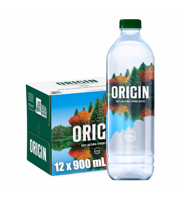ORIGIN, 100% Natural Spring Water, 900 mL, Recycled Plastic Bottle, 12 Pack