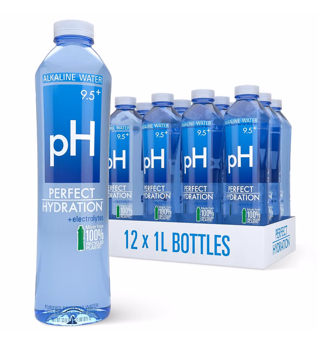 Perfect Hydration 9.5+ pH Alkaline Drinking Water | 100% Recycled Bottles | Electrolyte Minerals for Taste | 12 pack - 1 Liter (33.8 oz)