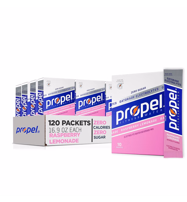 Propel Powder Packets. Raspberry Lemonade With Electrolytes, Vitamins and No Sugar, 10 Count (Pack of 12) -Packaging May Vary