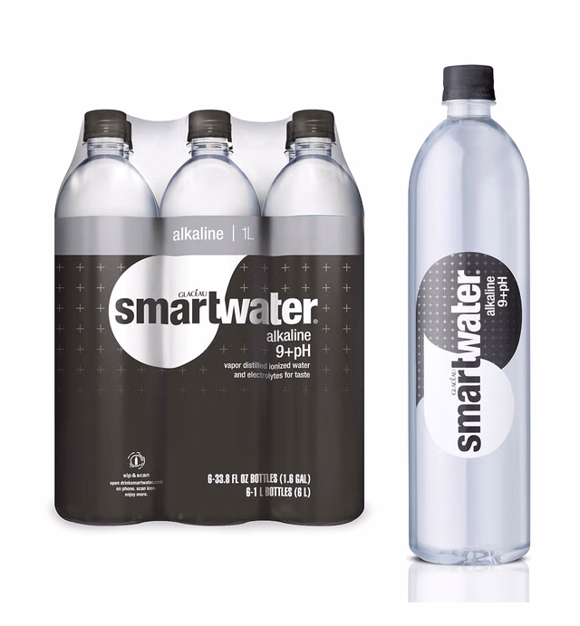 smartwater Alkaline Water 9+Ph, Vapor Distilled Premium Water, 33.8 Fl Oz (Pack Of 6)