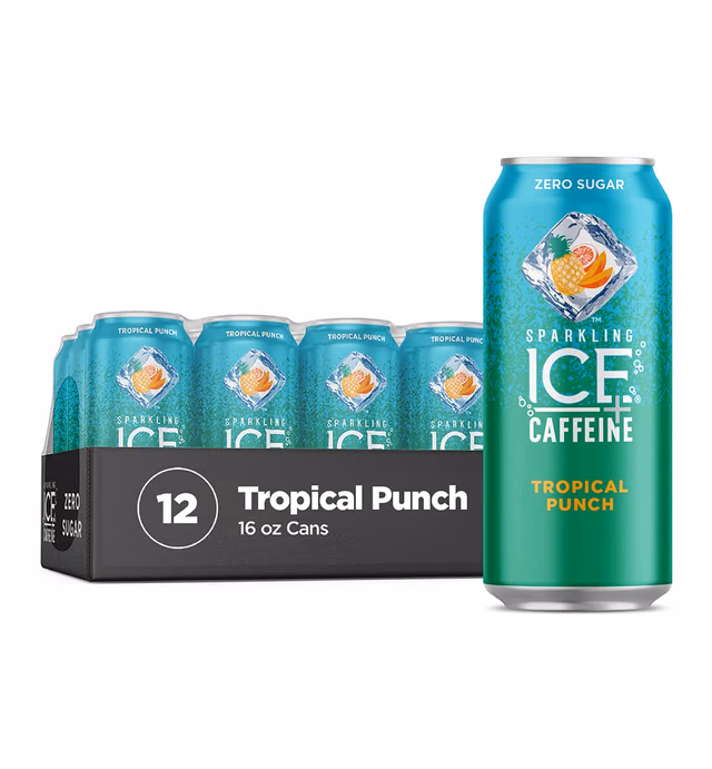 Sparkling Ice +Caffeine Tropical Punch Sparkling Water with Caffeine, Zero Sugar, with Antioxidants and Vitamins, Zero Sugar, 16 fl oz Cans (Pack of 12)