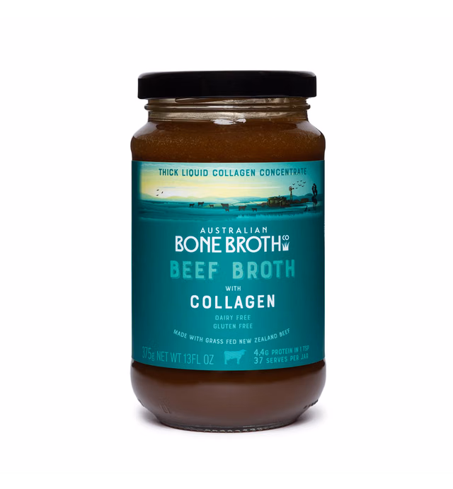 Beef Broth with Collagen Concentrate - Instant bone broth beverage boosted with grass-fed collagen. Halal Broth. Gluten Free, Preservative Free No spices or herbs. Halal Certified 375 gram Jar