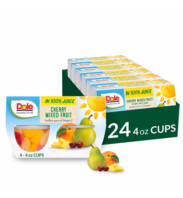Dole Fruit Bowls Cherry Mixed Fruit in 100% Juice, Gluten Free Healthy Snack, 4 Oz, 24 Total Cups