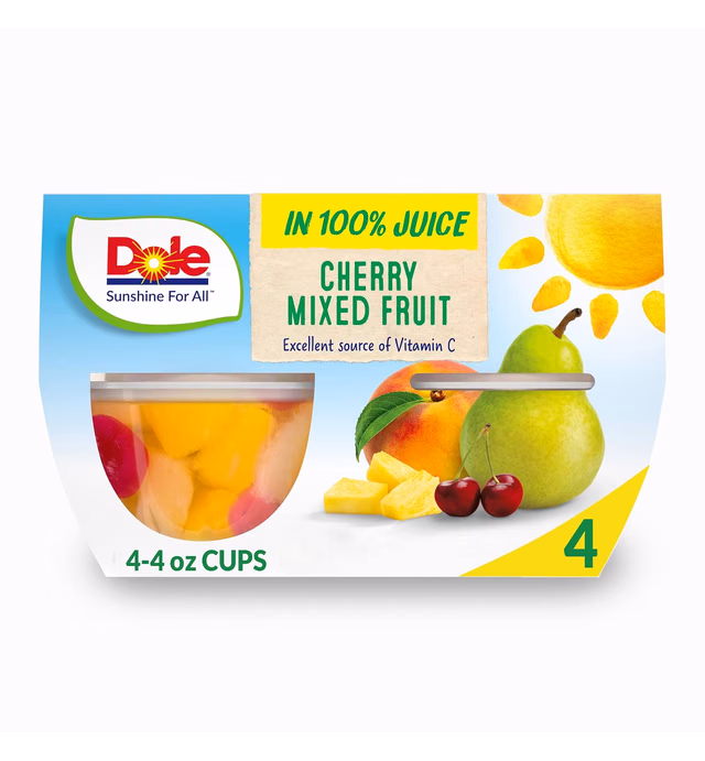 Dole Fruit Bowls Cherry Mixed Fruit in 100% Juice, Gluten Free Healthy Snack, 4 Oz, 4 Cups