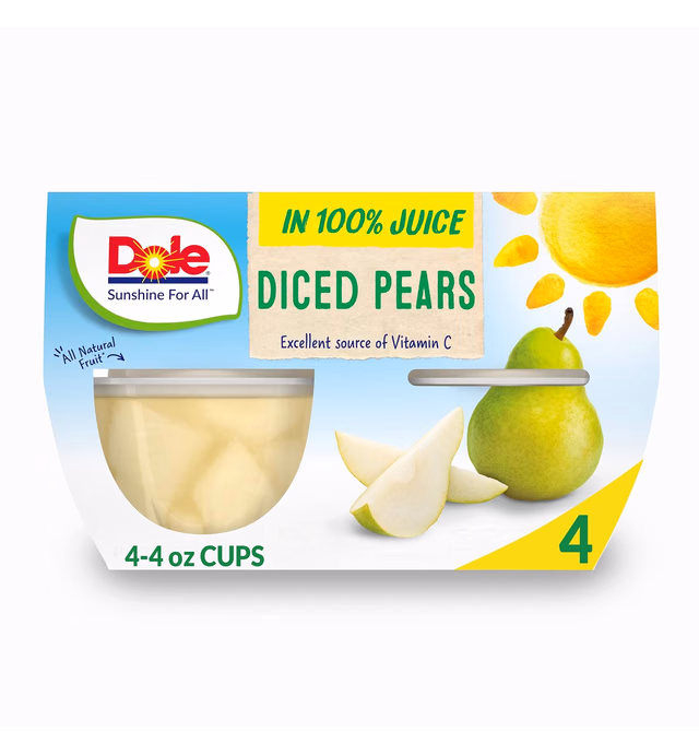 Dole Fruit Bowls Diced Pears in 100% Juice, Gluten Free Healthy Snack, 4 Oz, 4 Cups