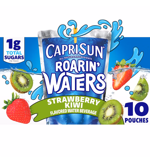 Capri Sun Roarin' Waters Strawberry Kiwi Surf Naturally Flavored Water Kids Beverage (10 ct Box, 6 fl oz Pouches)